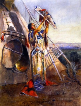 アメリカインディアン Painting - モンタナの太陽崇拝 1907年 チャールズ・マリオン・ラッセル アメリカ・インディアン